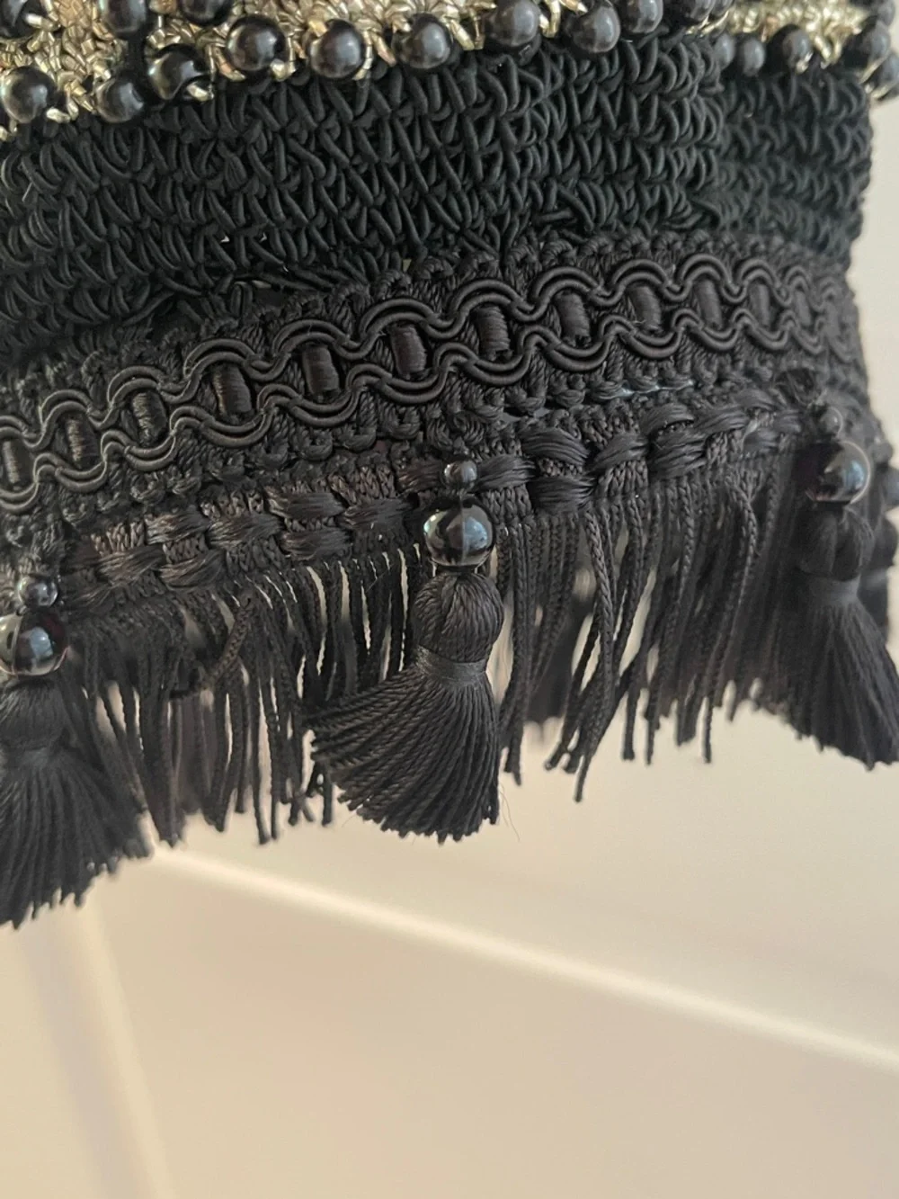 Boho Macramé Black Beaded Fringe Drawstring Satchel / resin bottom